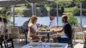 A table set outdoors with a view of a lake, surrounded by chairs and a large umbrella. - Select TV LV Wi-Fi Plancha Mobile Home - 2 bedrooms - 4 people (JUGON LES LACS)