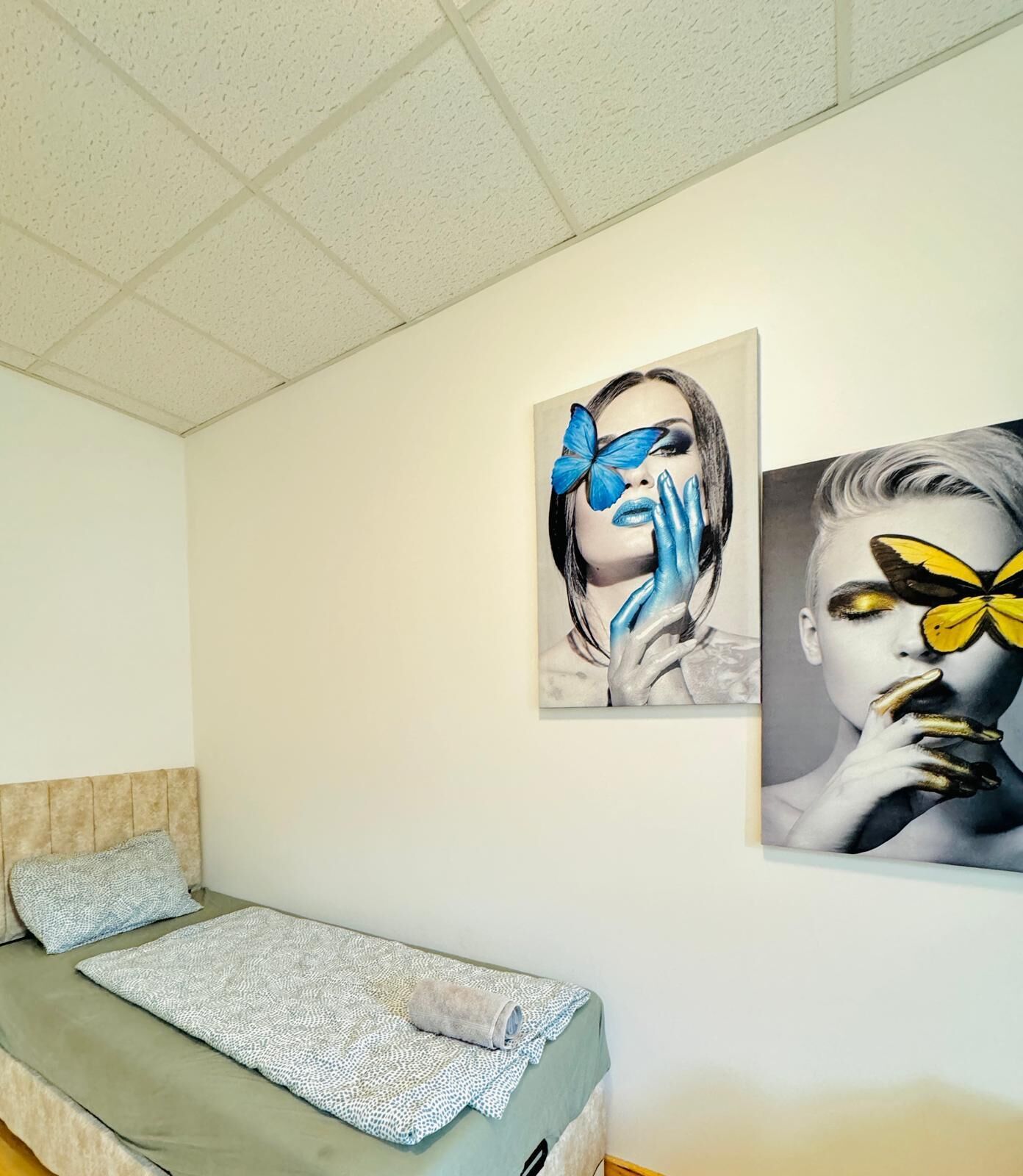 A bedroom with a bed, a pillow, and two wall-mounted artworks.