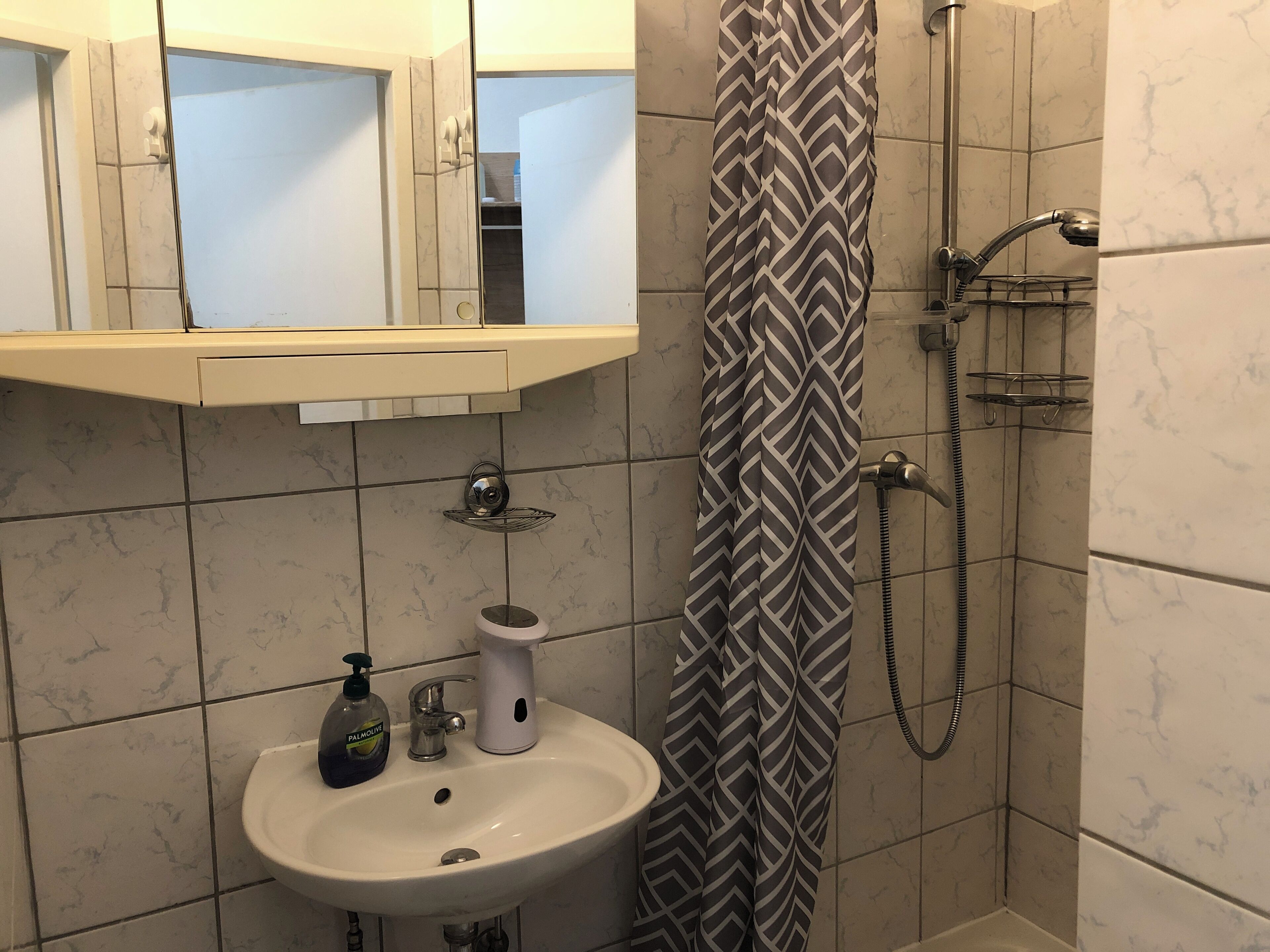 Ein Badezimmer mit Waschbecken, Spiegel, Dusche und einem waschmusternden Duschvorhang.