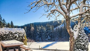 Schneebedecktes Freigelände mit einer hölzernen Bank und einem Tisch, umgeben von schneeüberlasteten Bäumen und einem fernen Gebirgszug.