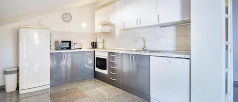Fridge, oven, dishwasher, cookware/dishes/utensils
