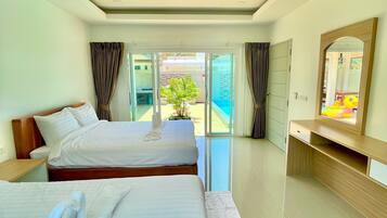 Family Villa, Private Bathroom, Pool View | Free WiFi, bed sheets