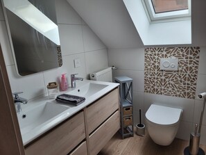 Douche, sèche-cheveux, serviettes fournies, papier toilette