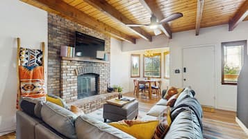 TV, fireplace, books