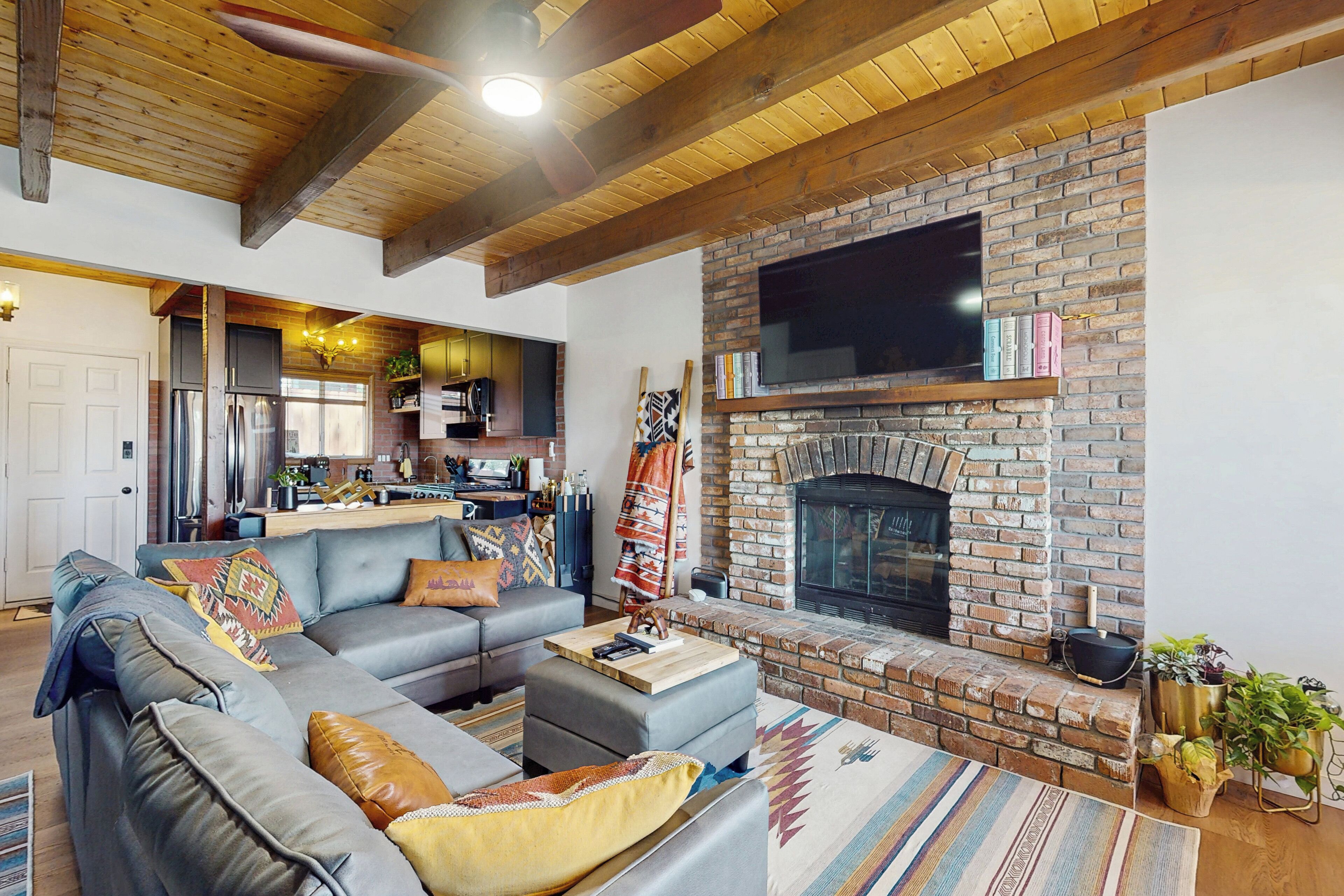 TV, fireplace, books