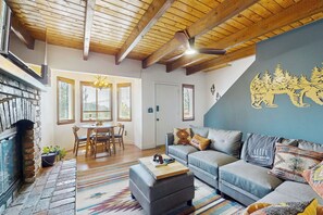 Una televisión, una chimenea, libros