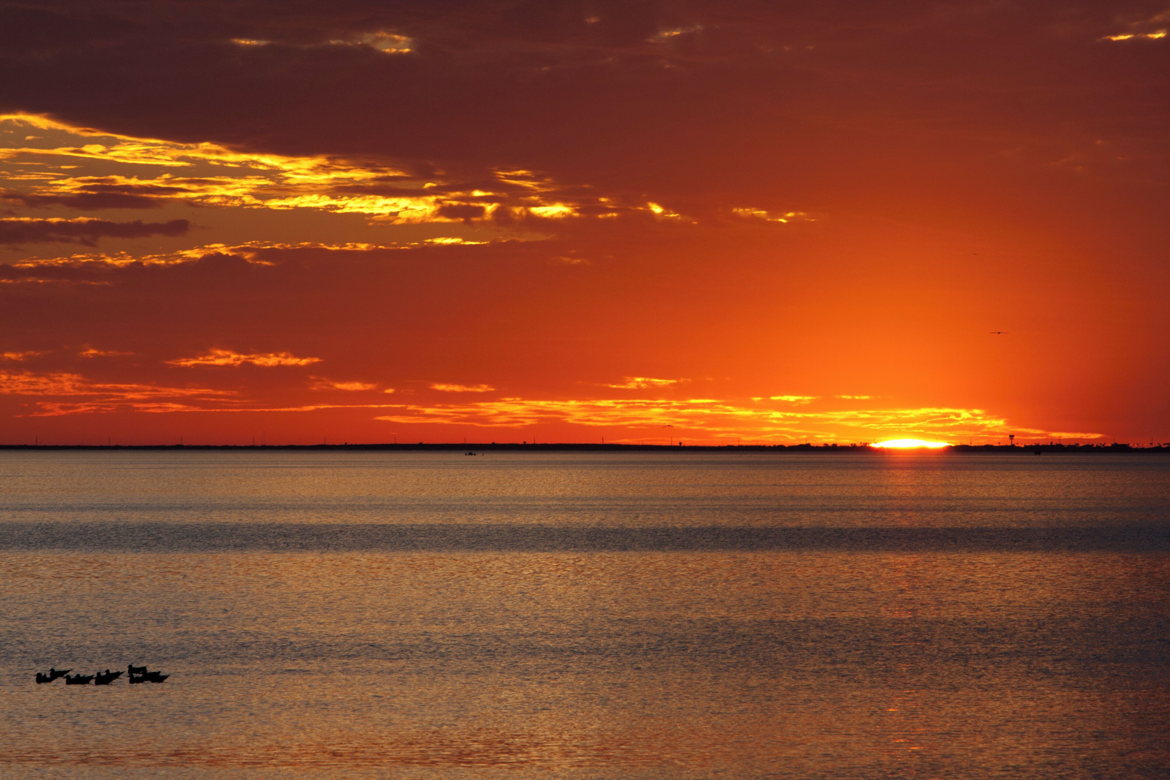 A sunset over a calm body of water with silhouettes of boats.