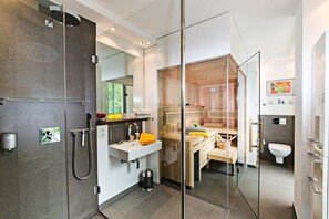 Shower, hair dryer - Penthouse 27 & SPA in Villa Mathilde (Ostseebad Binz)