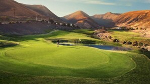 A golf course with a pond, a golfer, and a mountainous backdrop. - El Mango House with private pool (Candelaria)