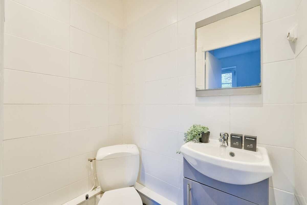 Un bany amb rajoles blanques, un vàter blanc, un lavabo amb un mirall a sobre i una petita planta al lavabo.