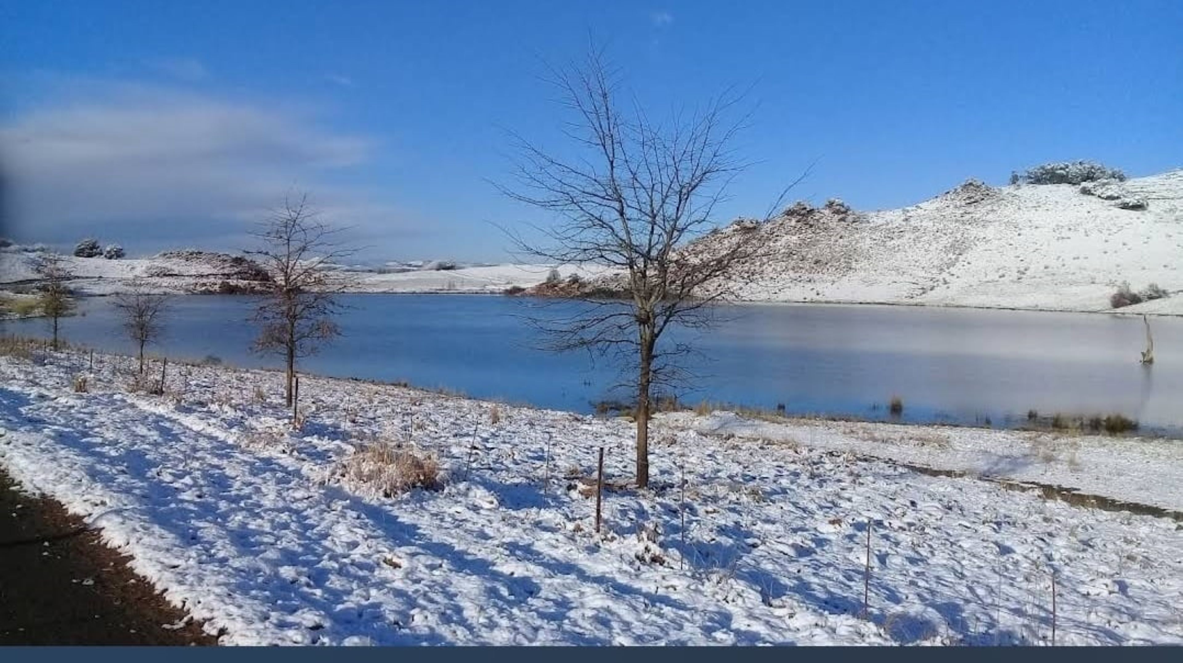 A snow-covered landscape with a lake, trees, and a clear sky.
