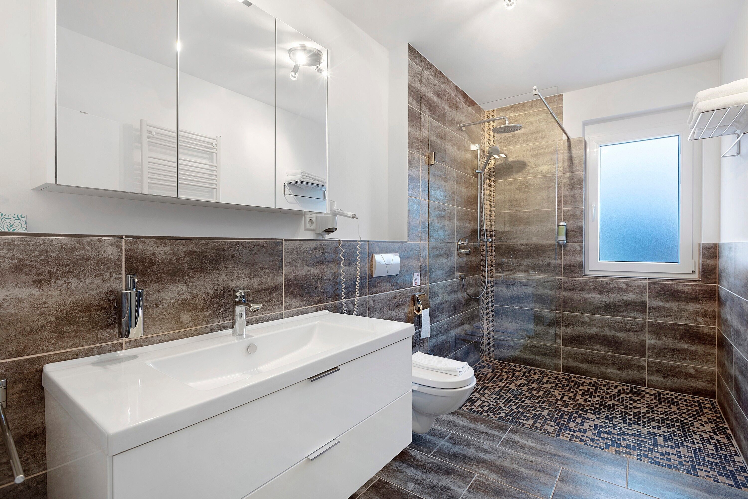 Shower, hair dryer, towels