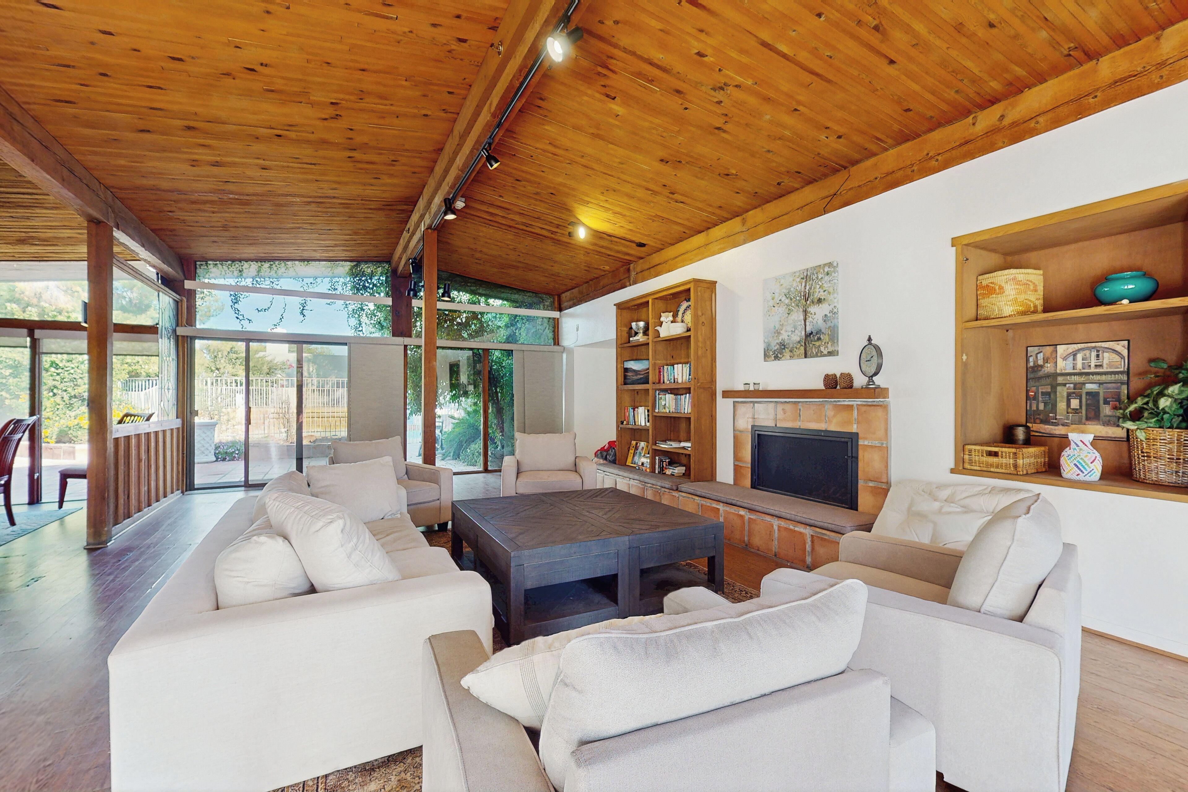 TV, fireplace, books