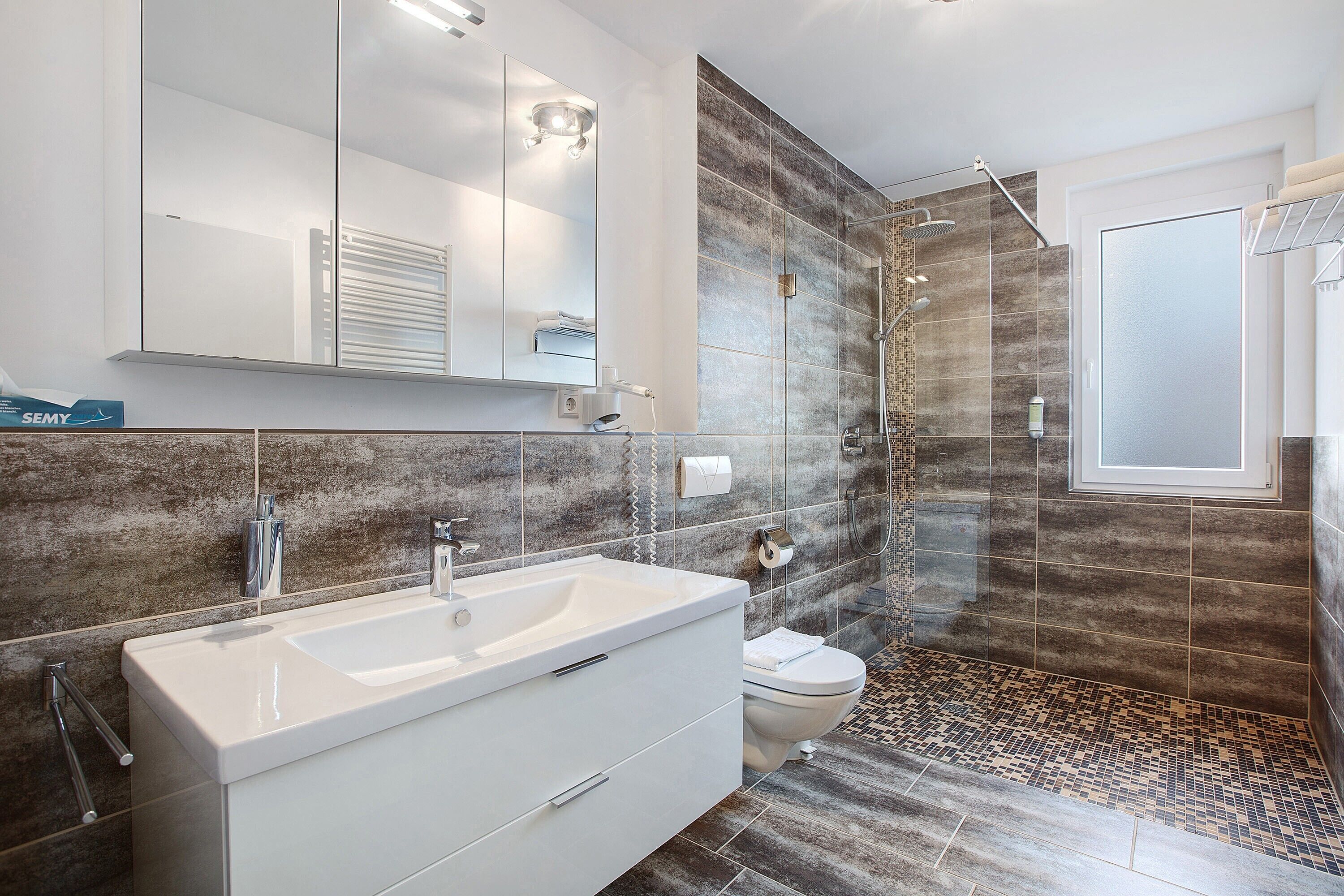 Shower, hair dryer, towels