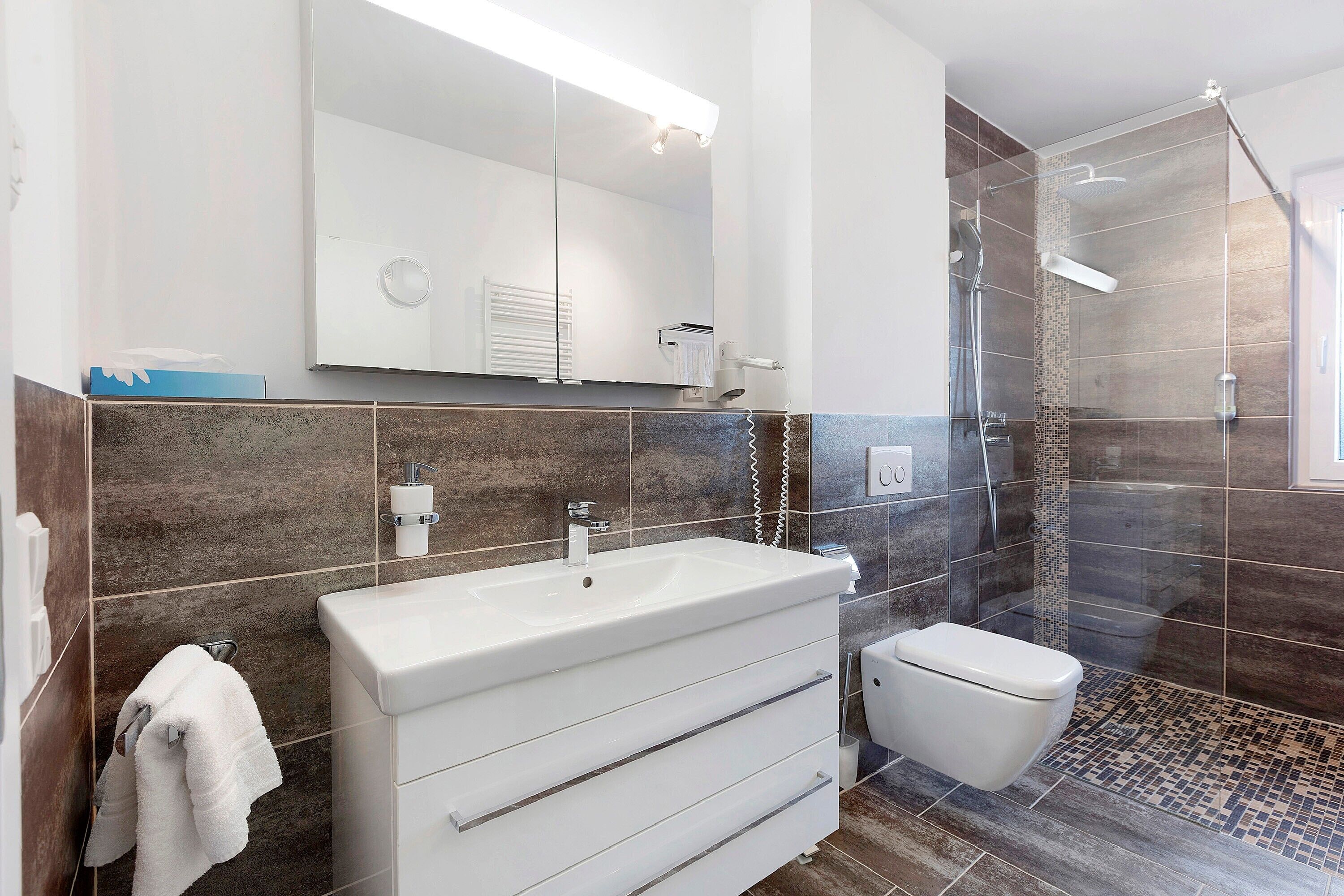 Dusche, Haartrockner, Handtücher