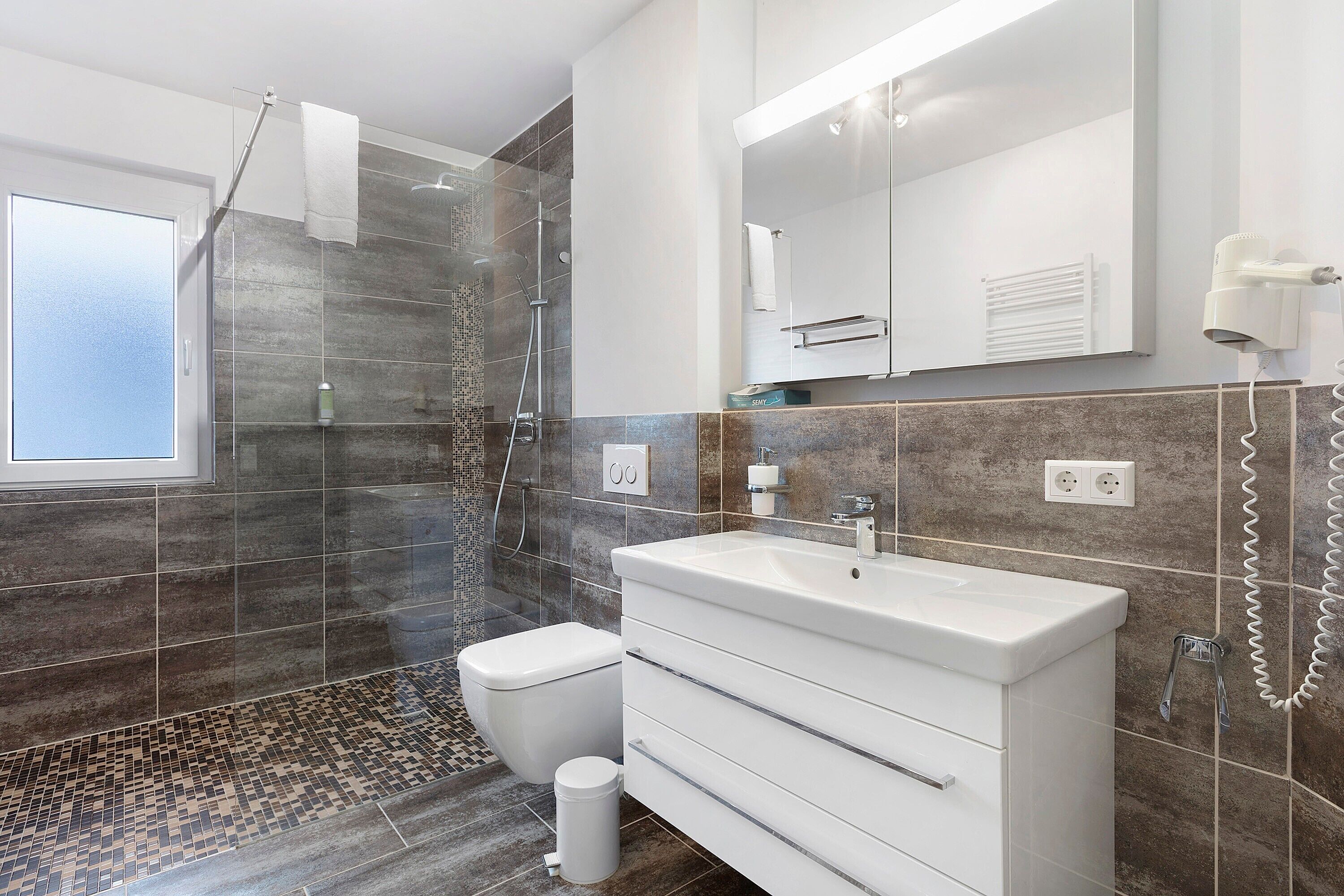 Shower, hair dryer, towels