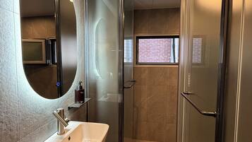 Shower, eco-friendly toiletries, hair dryer, towels