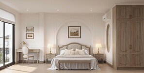 خزنة داخل الغرفة ومكتب ومساحة عمل للكمبيوتر المحمول وستائر تعتيم