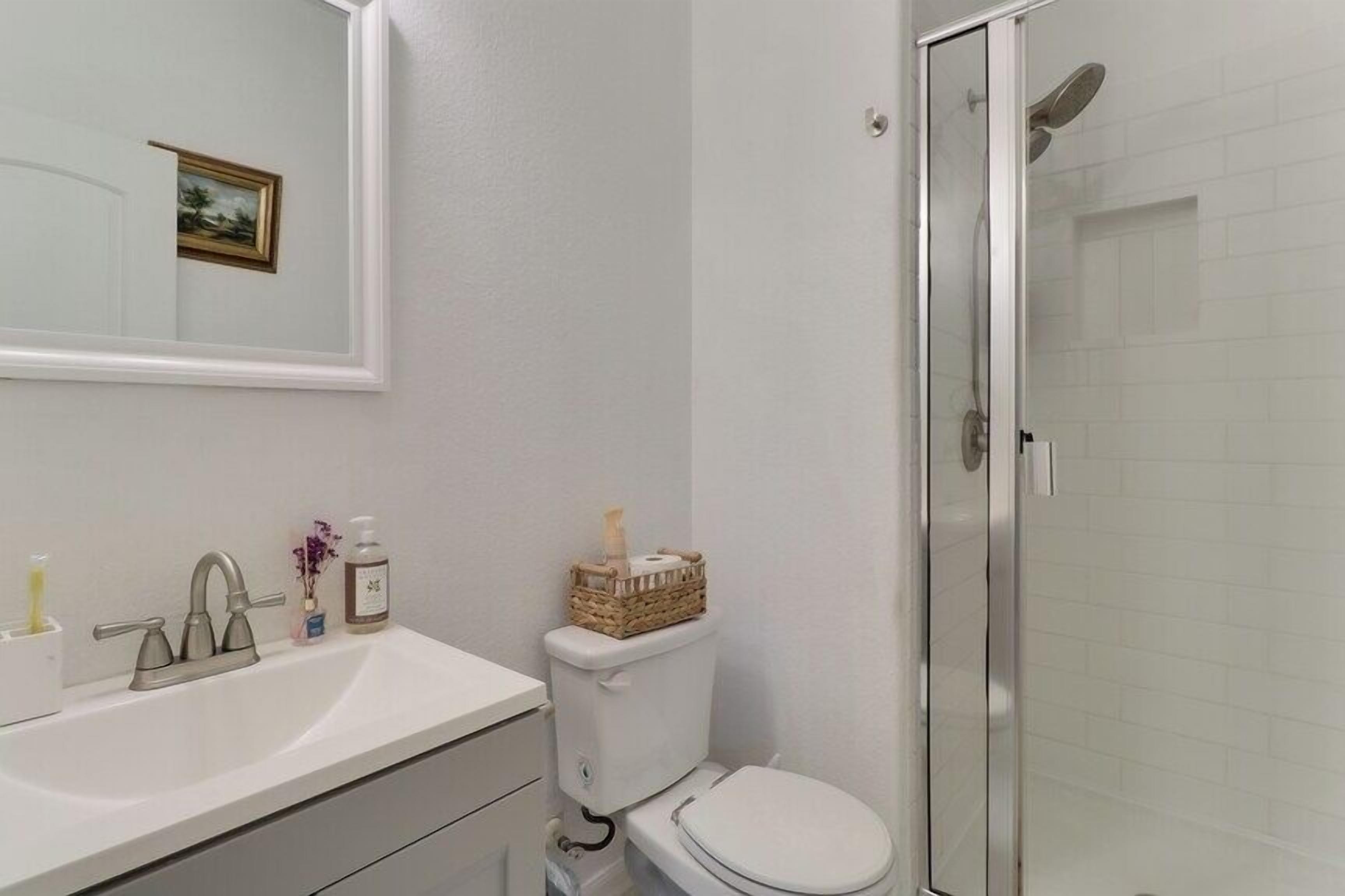 Chuveiro, secador de cabelo, toalhas de banho, sabonete