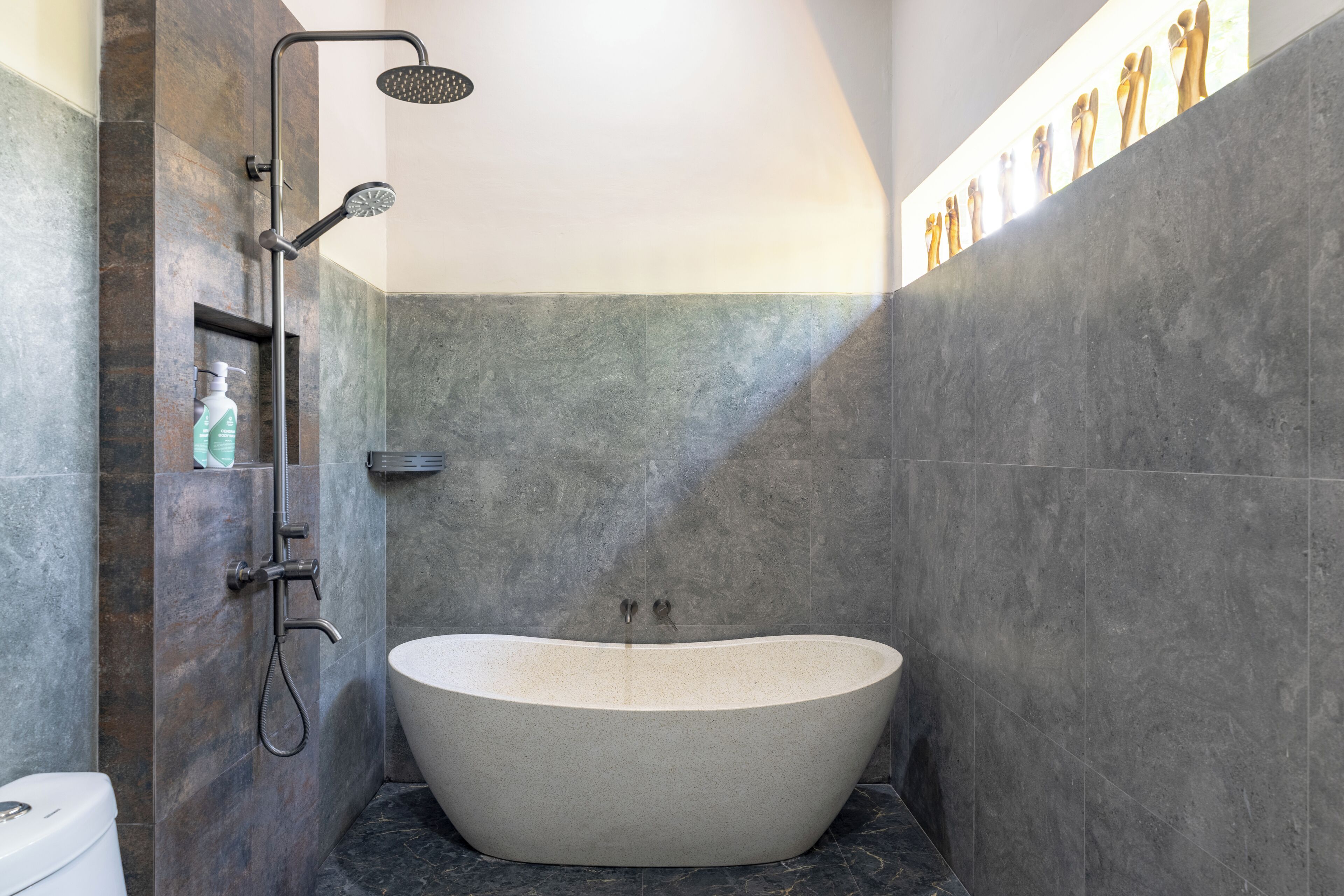 Hair dryer, bidet, towels, soap