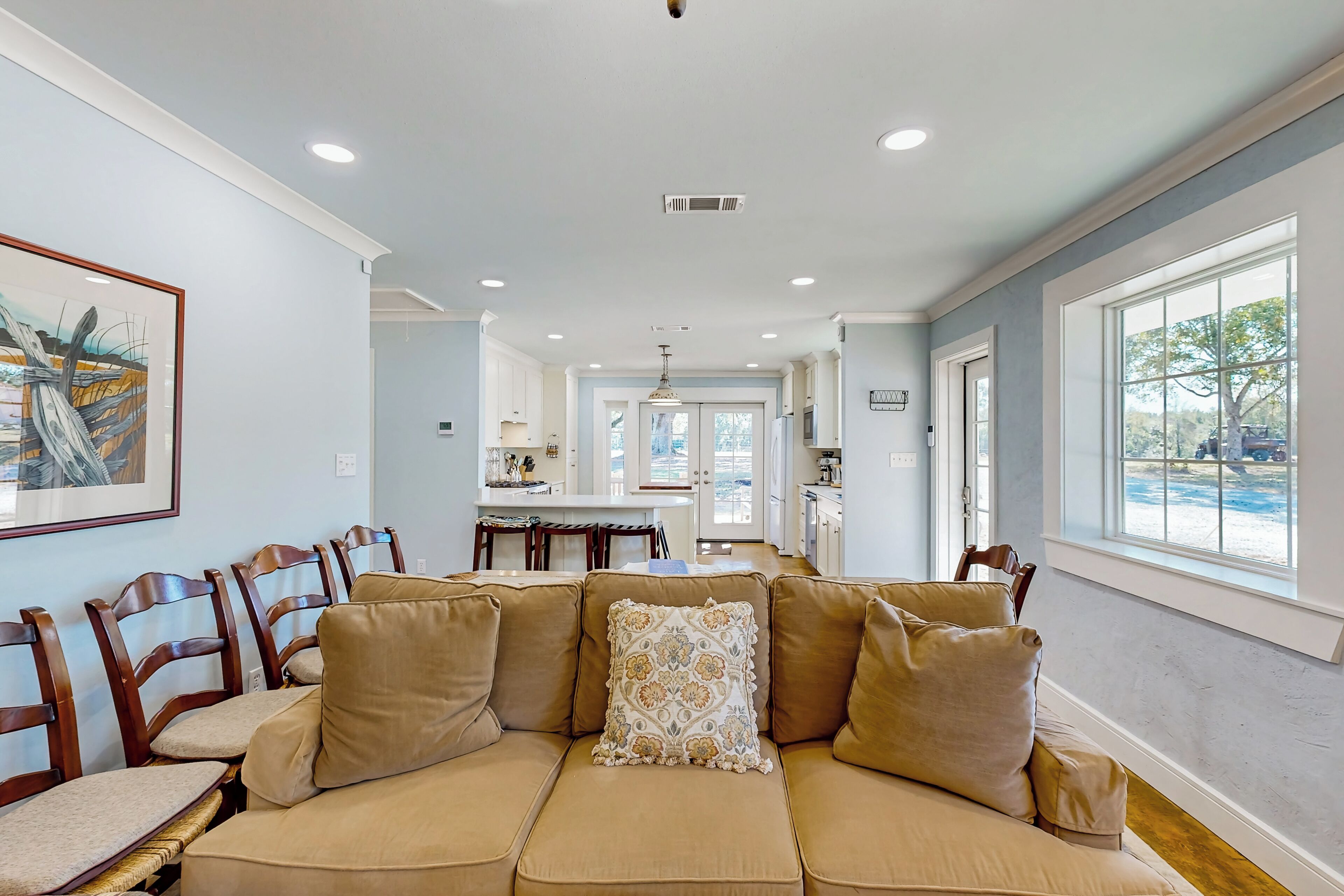 TV, fireplace, books