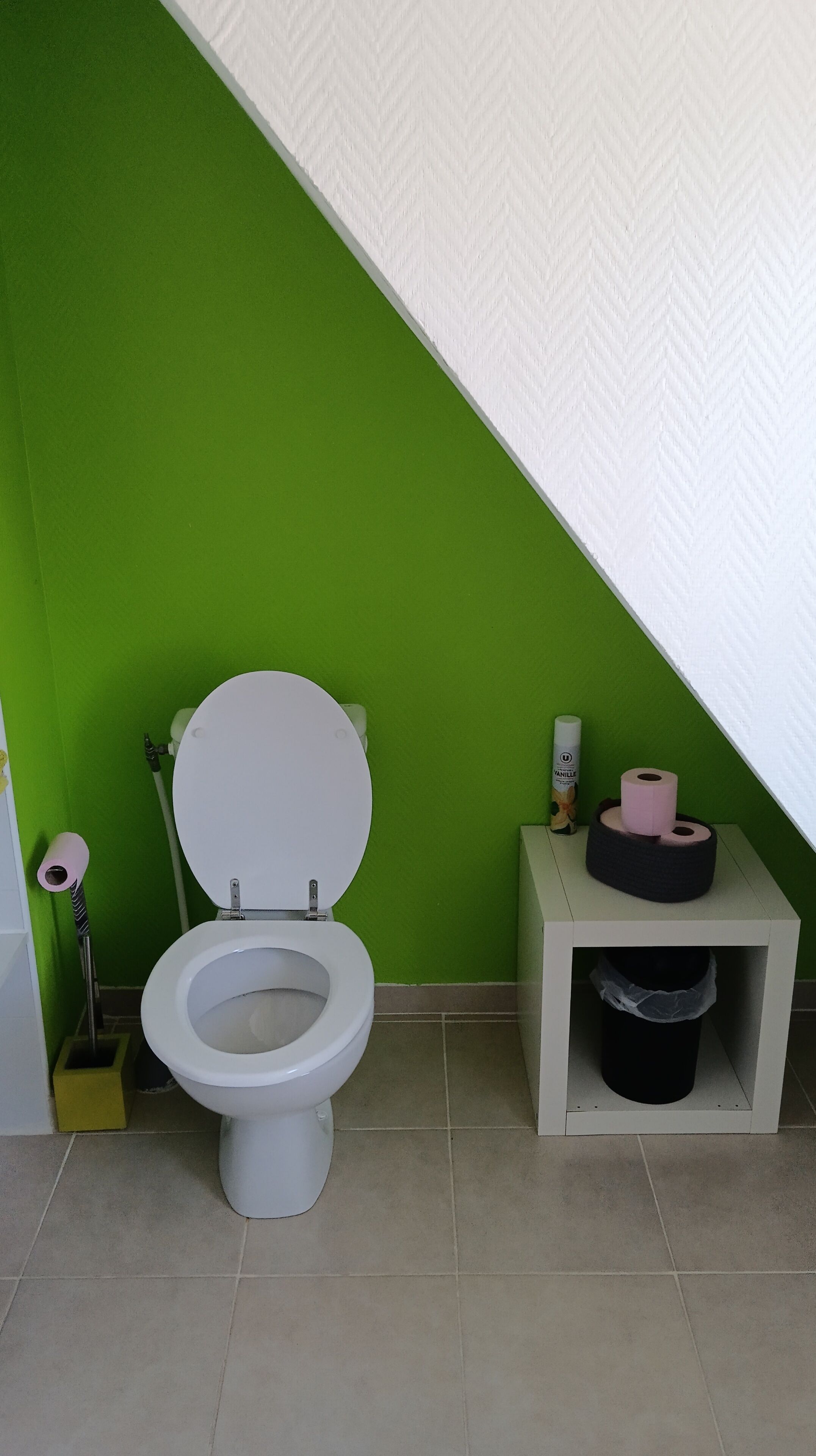 Une salle de bain avec des toilettes blanches, des murs verts et un plafond blanc.