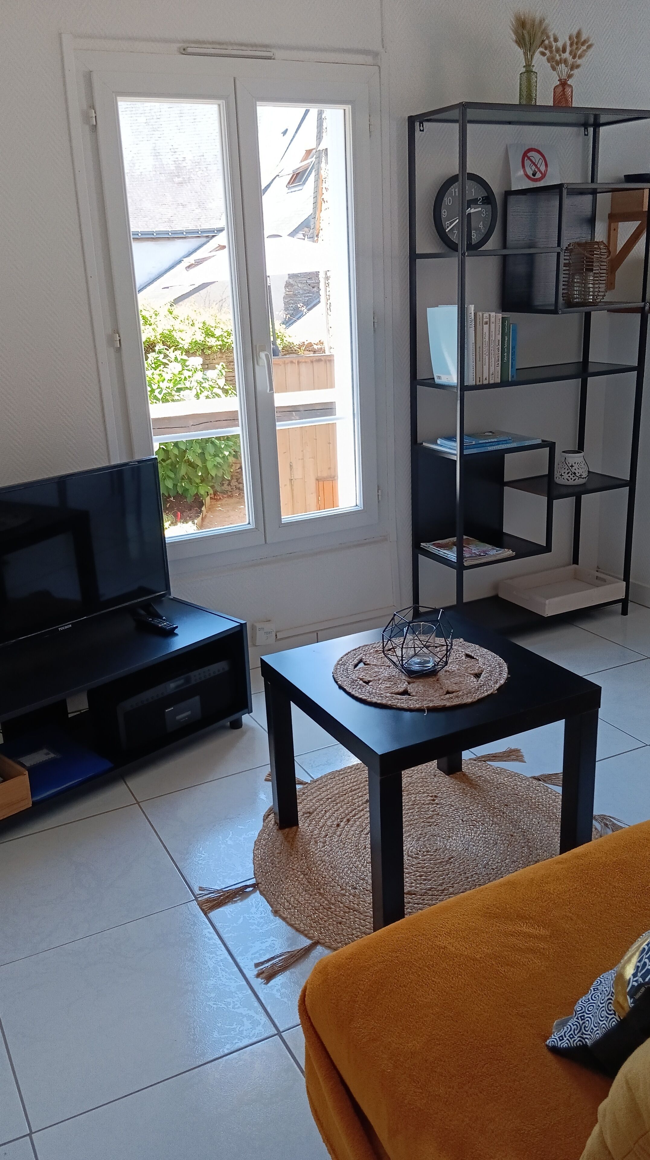Un salón con televisor, una mesa de centro con un posavasos tejido, una estantería y una ventana con vista a una valla de madera y follaje.