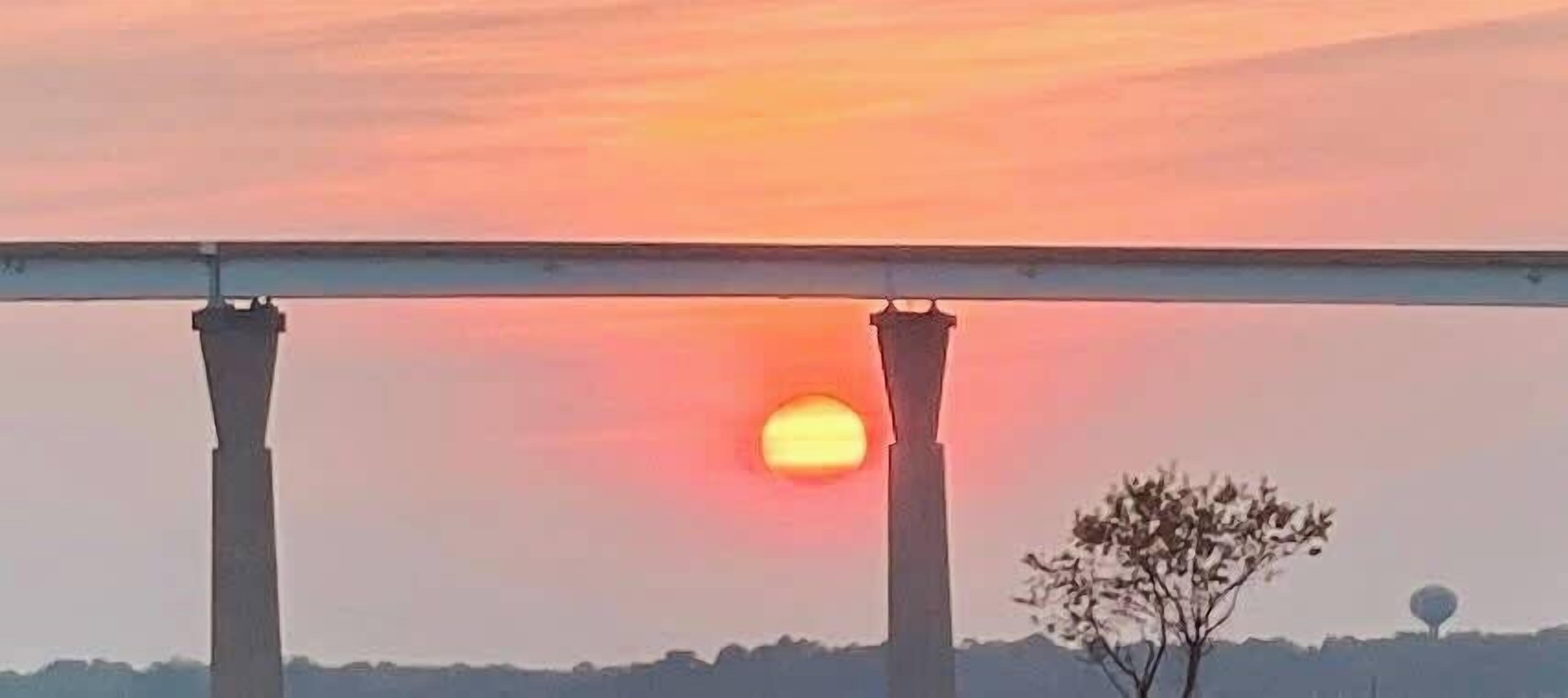 A sunset over a bridge with two pillars and a tree in the foreground.