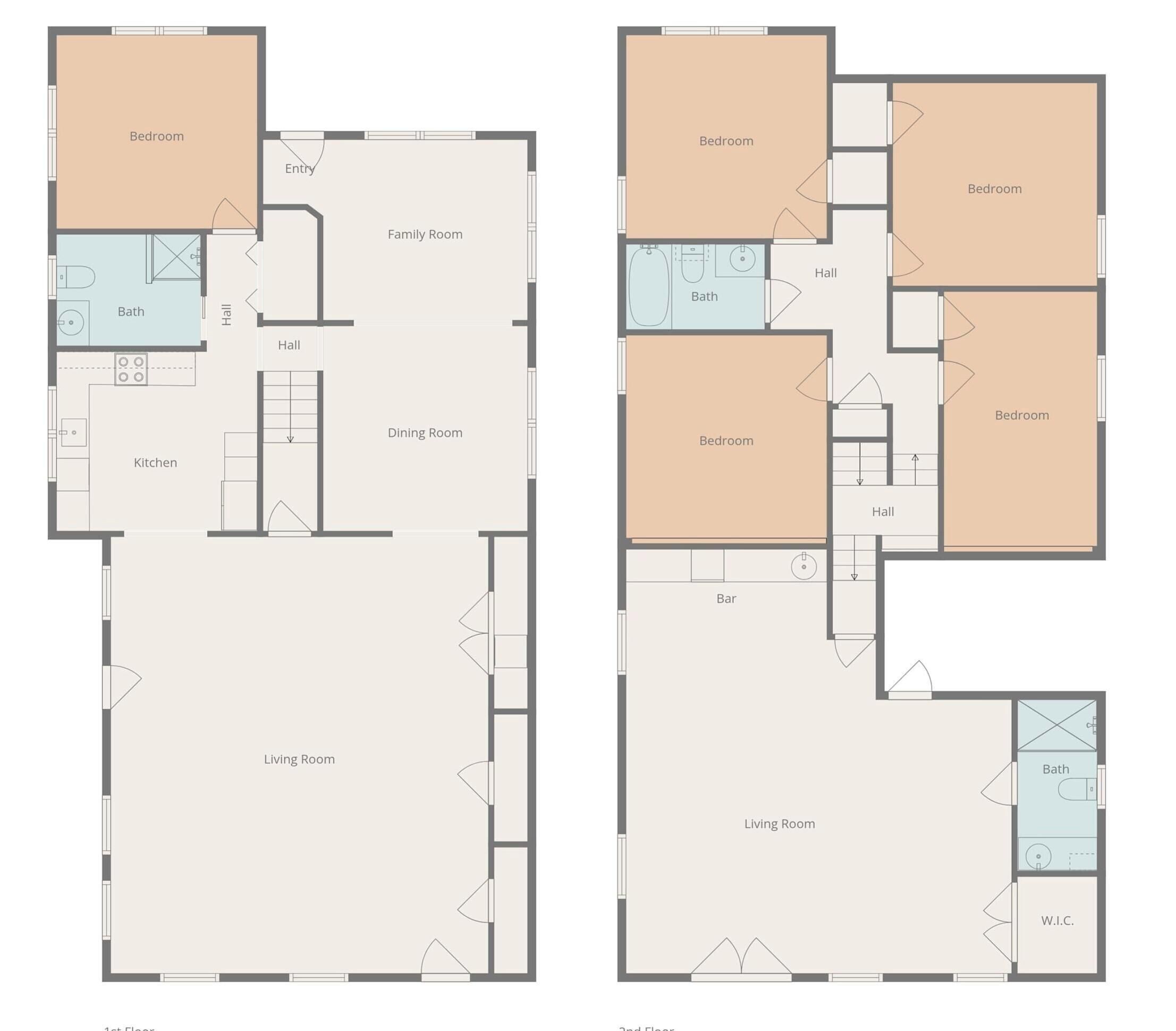 Two floor plans of a hotel with bedrooms, a dining room, kitchen, living room, hall, and bathroom.