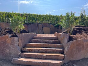 Unos escalones de piedra conducen a un jardín con una cerca de metal y plantas.