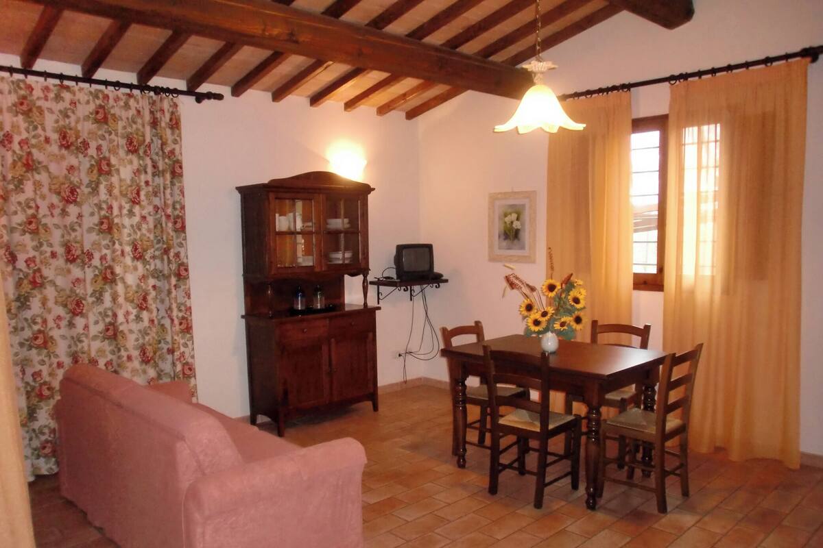 A dining area with a wooden table and chairs, a cabinet, a television, and a floral curtain.