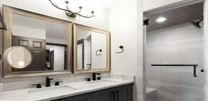 Shower, jetted bath, hair dryer, towels