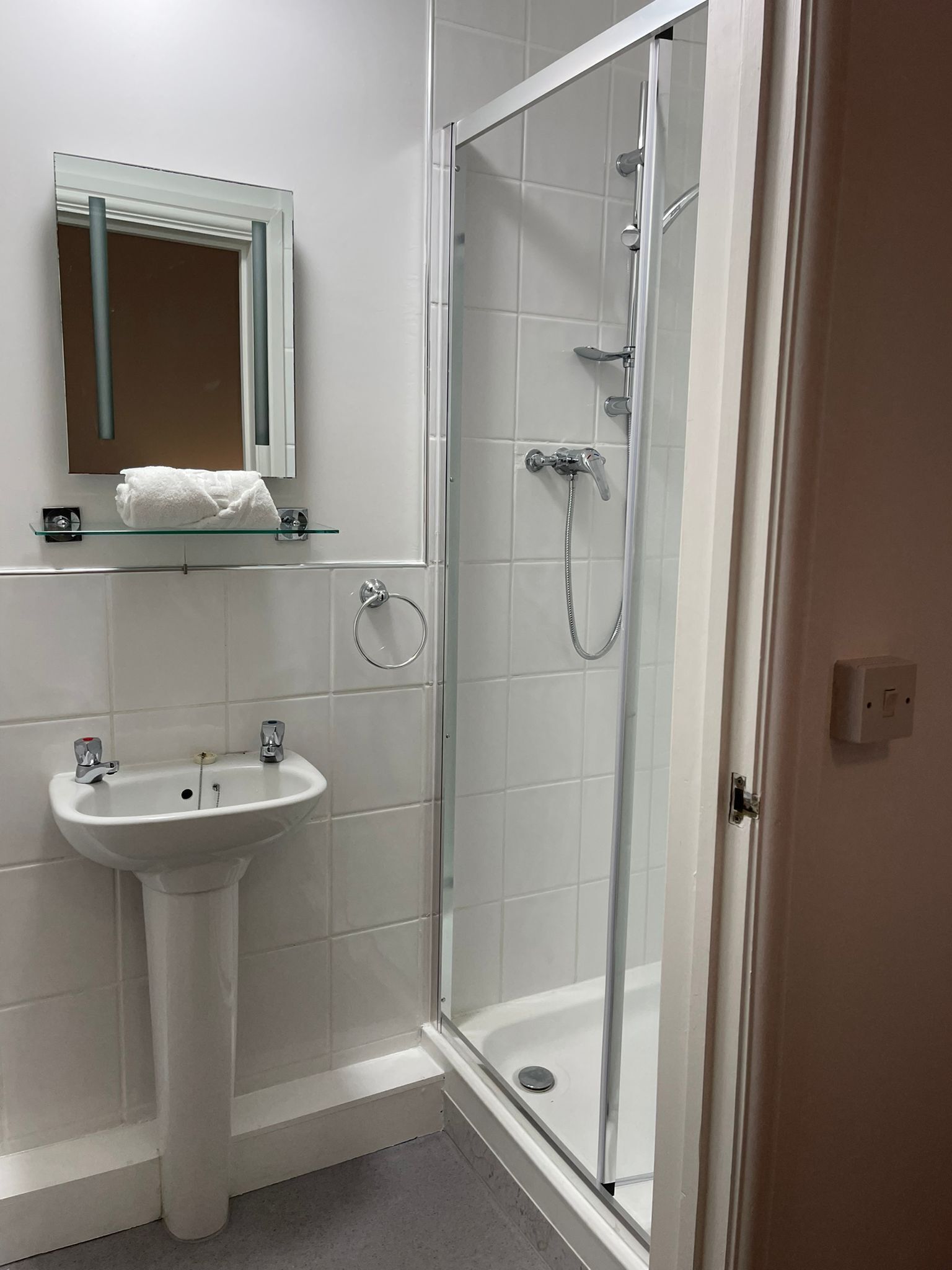 Shower, free toiletries, hair dryer, towels