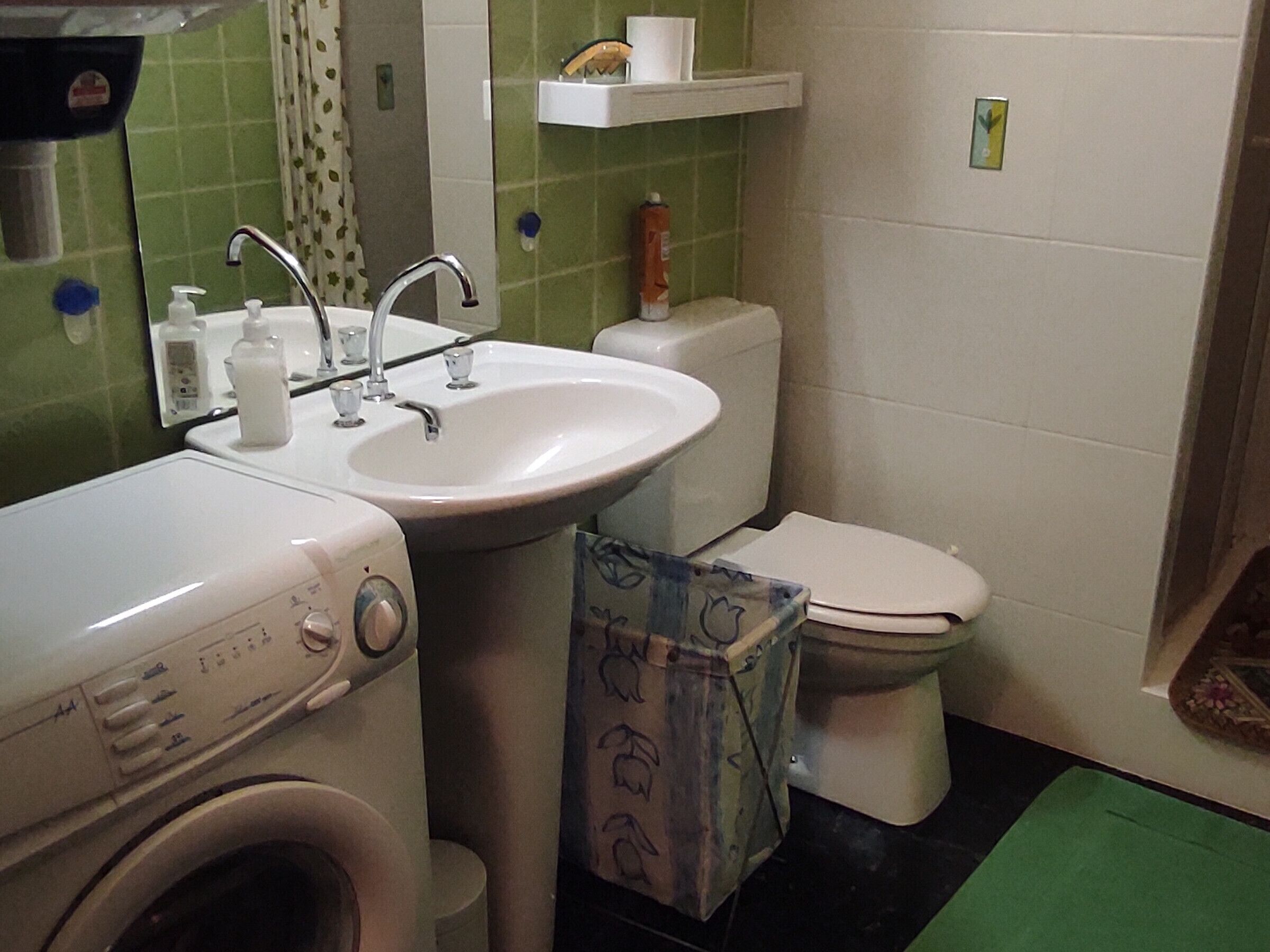 Ein Badezimmer mit Waschmaschine, Waschbecken und Toilette.