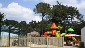 A fenced playground area with a slide and climbing structures. - Family Mobile Home: 3 Rooms, Sleeps 4 (SAINT-HILAIRE-DE-RIEZ)