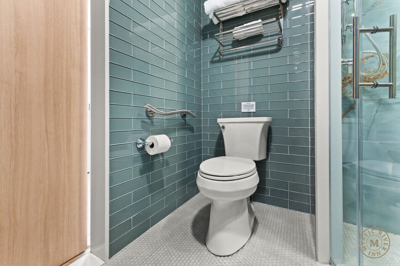 Een badkamer met een wit toilet, een handdoekhouder en een handgreep.