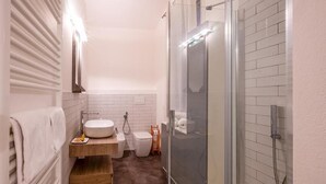 Un bany modern amb dutxa envidriada, un lavabo blanc i un vàter.
