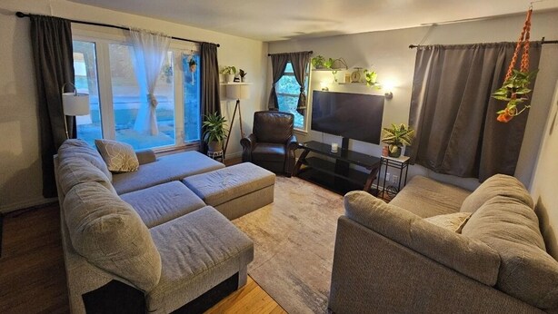Ein Wohnzimmer mit Sofa, Sessel, Fernseher und Pflanzen.
