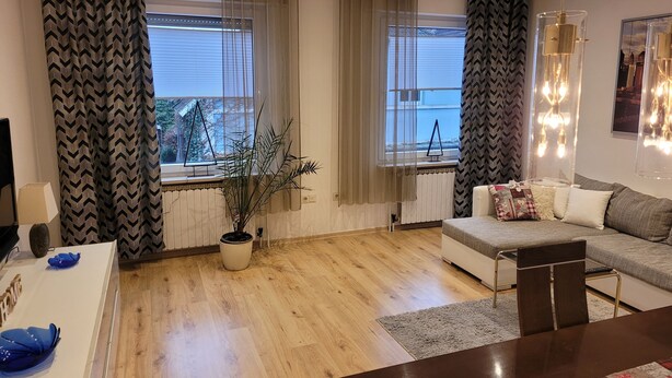 A modern living room with a sofa, a coffee table, and a potted plant. There are two windows with curtains, a radiator, and a wall-mounted light fixture.