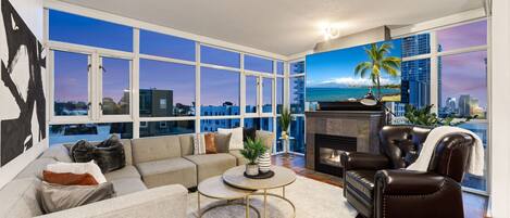 TV, fireplace, offices