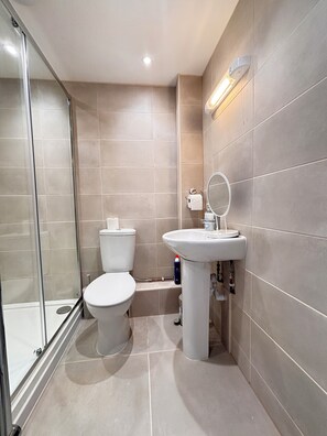 Een moderne badkamer met een douchecabine van glas, een toilet en een wastafel met spiegel.