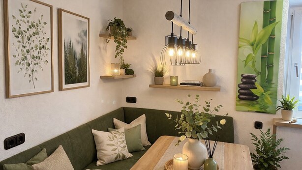 A cozy living room with a green sofa, a wooden coffee table, and a painting of bamboo.