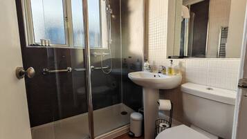 Shower, hair dryer, towels, soap