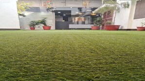 A view of a green artificial grass surface with potted plants and a building entrance in the background. - The Ayodhya Ji palace (Ayodhya)