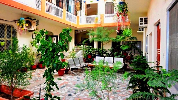 A spacious courtyard with multiple levels, potted plants, and outdoor seating. - The Ayodhya Ji palace (Ayodhya)