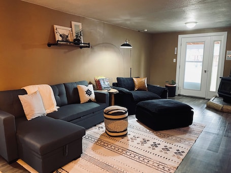 Living area. Charming 2-BR, no cleaning fees, cozy fireplace