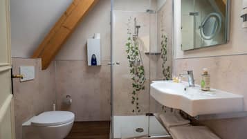 Shower, towels, soap, shampoo