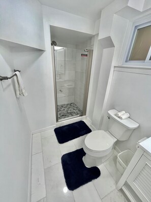 Hair dryer, towels, soap, toilet paper