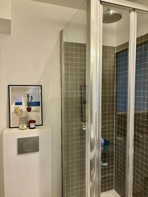 Chuveiro, secador de cabelo, toalhas de banho 
