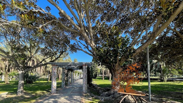 Un sentier qui traverse un parc, avec une pergola et des arbres.